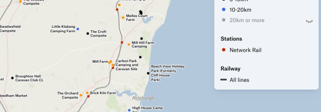 map showing distance of campsites to nearest railway station